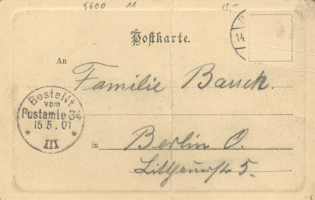 Alte deutsche Familienskarte der Post von Berlin mit einem Wert von 600 US-Dollar, mit Text und einer aufgeklebten Briefmarke.