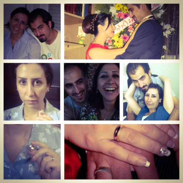 Ein Collage von Fotos, die einen Mann und eine Frau mit Eheringen zeigen, umgeben von Blumenarrangements und dekorativen Elementen.