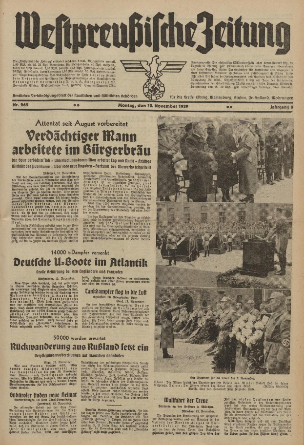 Alte deutsche Zeitungsvorderseite vom 13. November 1939 betitelt 'Weitpreubliche Zeitung', zeigt eine Gruppe von Menschen in traditioneller deutscher Kleidung in einer feierlichen Szenerie.