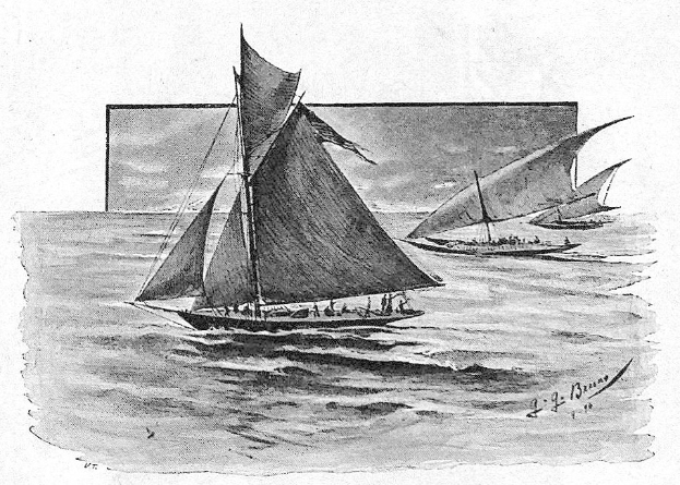 Schwarze und weiße Zeichnung von zwei Segelbooten mit Menschen an Bord, die auf dem Meer segeln, mit der Bildunterschrift "Das erste Segelschiff des 19. Jahrhunderts".