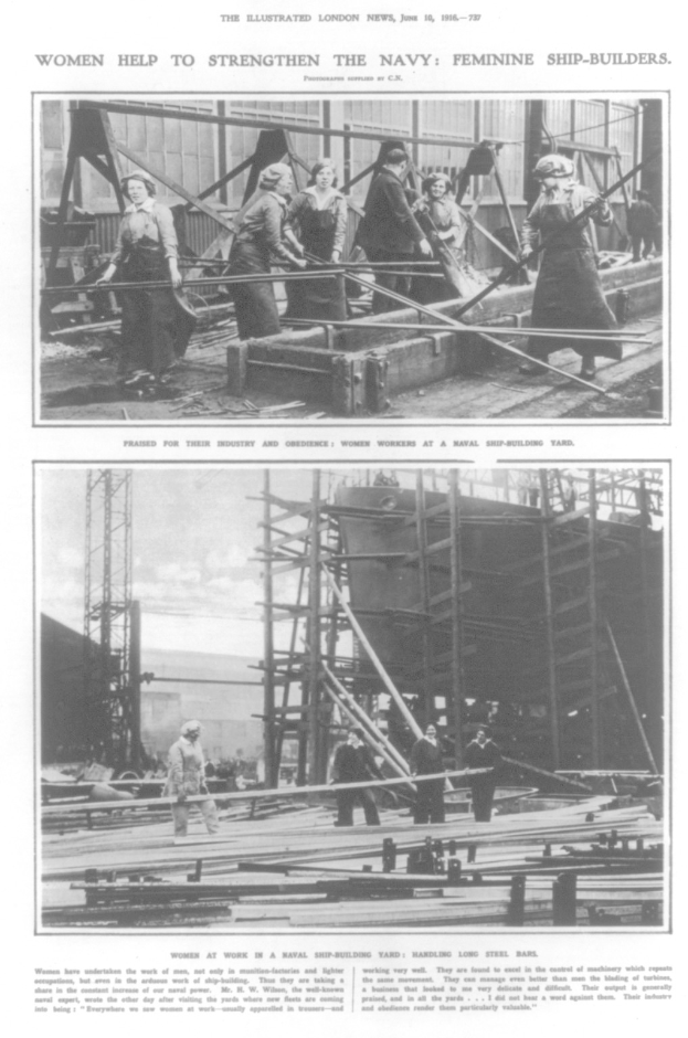 Schwarzes und weißes Foto von Frauen, die Metallteile auf einem Schiff zusammenbauen, mit Text oben und unten 'Frauen stärken die Marine Feminine Schiffbauer'.