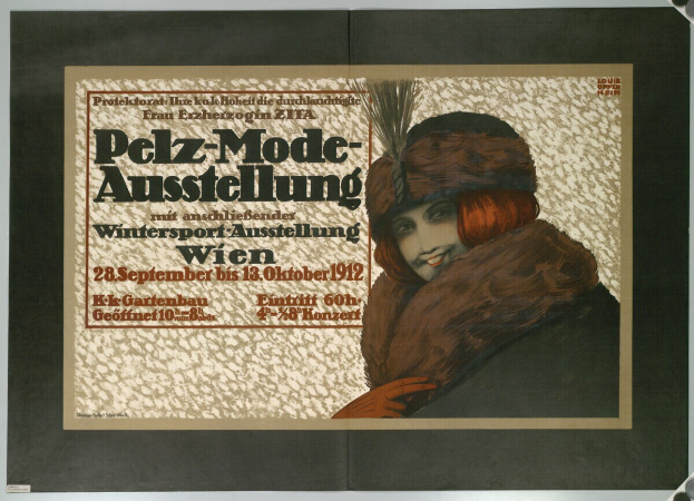 Ein Plakat wirbt für ein Wintersport-Event in Wien, Österreich, mit einem strahlenden Frau im Pelzmantel und Hut sowie Event-Text.