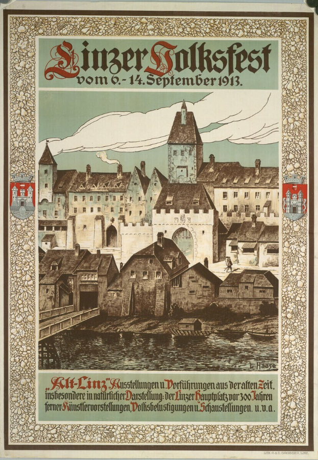 Ein altes Plakat, das ein Festival in Deutschland ankündigt und ein Schloss zeigt, das von Häusern umgeben ist.