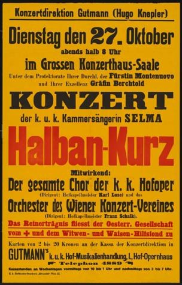 Gelbes Plakat für ein Konzert mit dem Titel "Konzert Halban-Kurz" in Berlin, Deutschland.