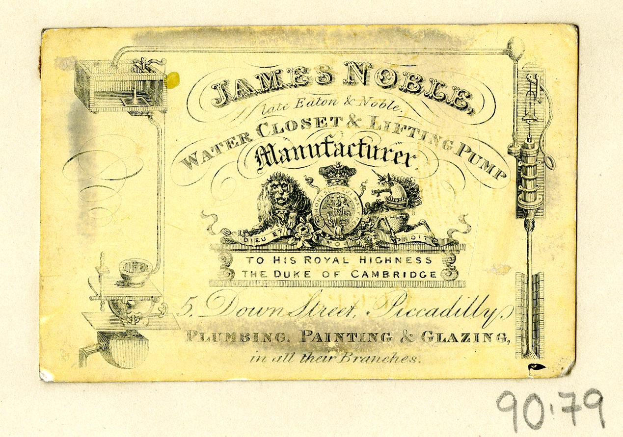 Visitenkarte für James Noble Wasser closet & Hebe pump manufacturer mit Produktbeschreibungstext.
