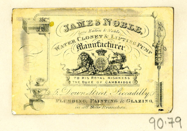 Visitenkarte für James Noble Wasser closet & Hebe pump manufacturer mit Produktbeschreibungstext.