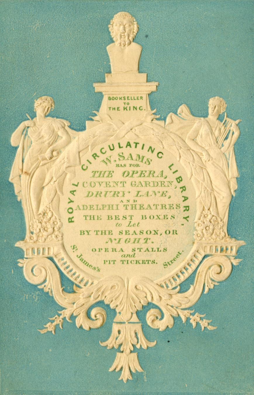 Altes Buch mit einem blauen Einband und weißer Skulptur, mit dem Text "Circulating W.S. Sams for the Royal Opera, Covent Garden, Drury Lane, and the Best Boxes by the Season, or by the Night" auf dem Cover.