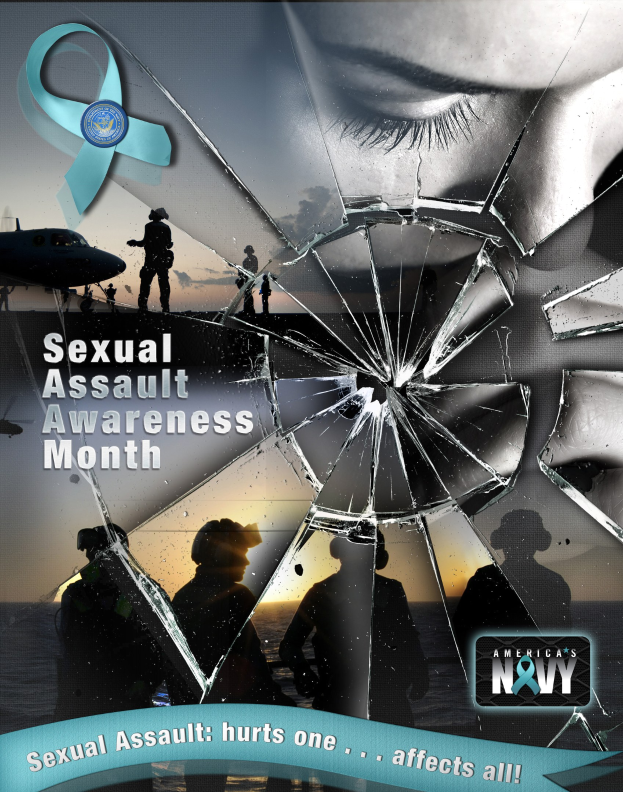 Ein Plakat zum Sexual Assault Awareness Month mit einem gebrochenen Glas umgeben von Silhouetten von Menschen, einem Flugzeug und Wasser sowie einem Logo unten.