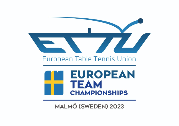 Das Logo der Europäischen Tischtennis-Union (ETU) zeigt einen blauen Kreis mit einem weißen Tennisracket in der Mitte, umgeben von einem weißen und blauen Rand, mit der Schrift "Europäische Mannschaftsmeisterschaften" darunter in fetter, schwarzer Schrift.