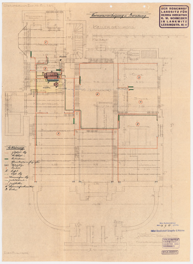 Schwarz-weißer Architekturplan des Rosenhof-Krankenhauses in Hamburg, Deutschland, mit detaillierten Plänen mit zahlreichen Drähten und beschrifteten Räumen, Fluren und Merkmalen auf altem Papier.