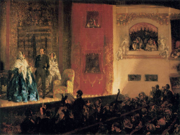 Gemälde namens 'Die Oper' (1856), das eine Gruppe von Darstellern auf der Bühne mit Instrumenten und sitzenden Figuren vor einem Publikum und einer Wand im Hintergrund zeigt.