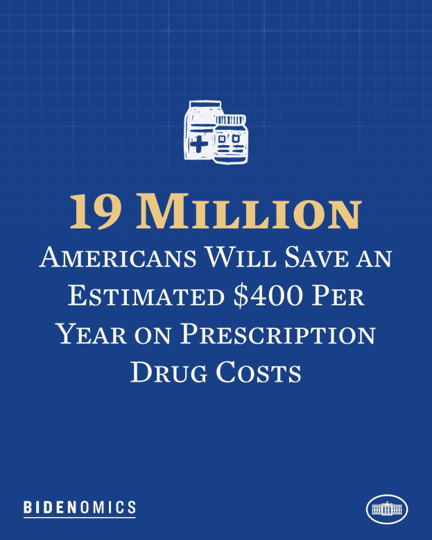 Blauer Hintergrund mit weißer Schrift und Logo mit der Aufschrift "19 Millionen Amerikaner werden schätzlich $400 pro Jahr an Arzneimittelkosten sparen".