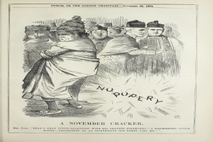Ein November-Kracher - Punch, oder das Londoner Charivari - November 28, 1874, mit einer feierlichen Gruppe von Menschen in einer Zeichnung mit fetter Schrift und einem dekorativen Rahmen.