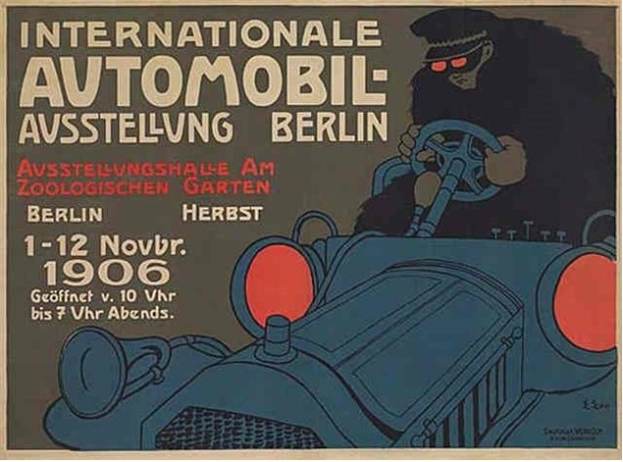 Plakat für eine internationale Automesse in Berlin, das einen Cartoon-Fahrer in einem Auto mit Text zeigt.