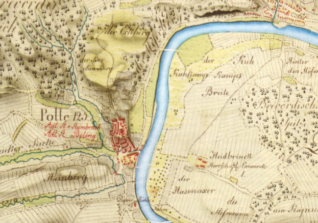 Ausfühliches altes Stadtplan von Polle, Deutschland, mit Straßen, Gebäuden und einem durch die Stadt fließenden Fluss.