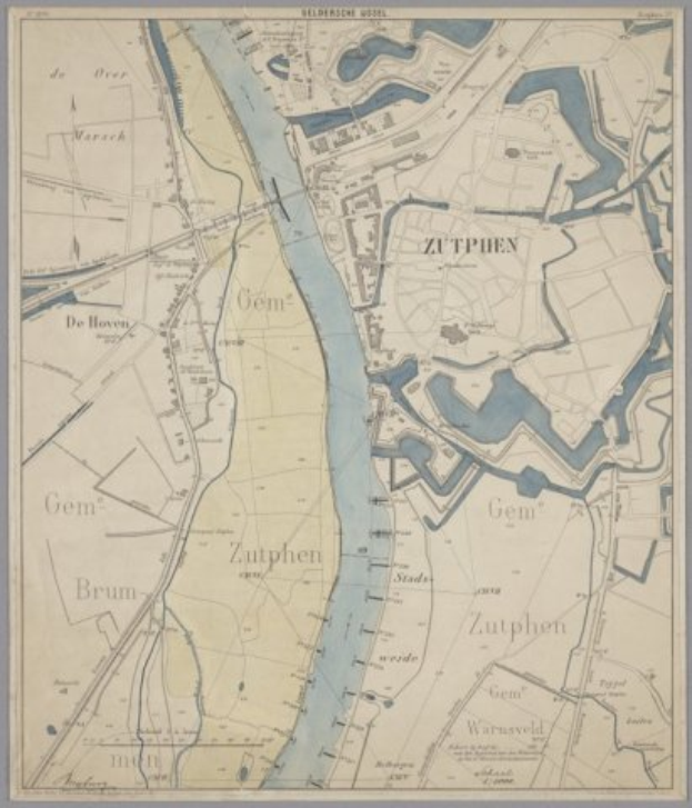 Ein detaillierter alter Stadtplan der Stadt Zutphen, Deutschland, mit Text, der einen umfassenden Überblick über das Gebiet bietet.