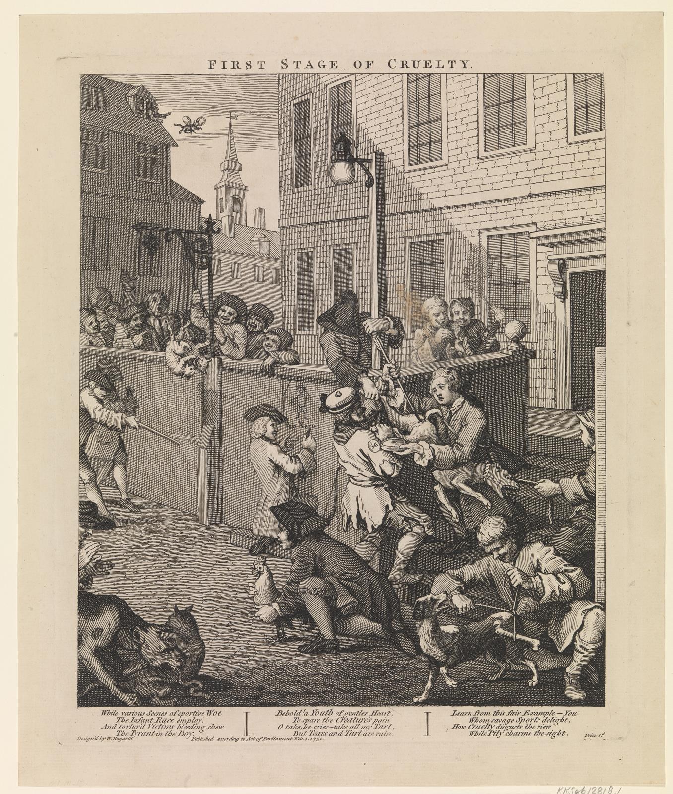 Eine Gruppe von Menschen und Tieren versammelt sich um ein Gebäude mit Fenstern und einem Lichtmast, mit dem Text "Erste Stufe der Grausamkeit" unten.