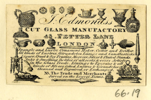 Anzeige für eine Londoner Glasfabrik mit Text und Abbildungen von Glaswaren und Manufacturing-Tools.