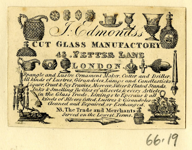 Anzeige für eine Londoner Glasfabrik mit Text und Abbildungen von Glaswaren und Manufacturing-Tools.