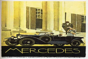 Vintage-Mercedes-Benz-Plakat aus den 1920er Jahren mit einem klassischen Auto vor einem modernen Gl├Ąserturm, mit zwei Personen im Auto und 'Mercedes-Benz'-Text unten.