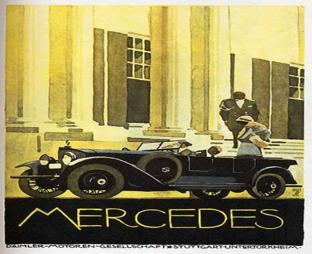 Vintage-Mercedes-Benz-Plakat aus den 1920er Jahren mit einem klassischen Auto vor einem modernen Gl├Ąserturm, mit zwei Personen im Auto und 'Mercedes-Benz'-Text unten.