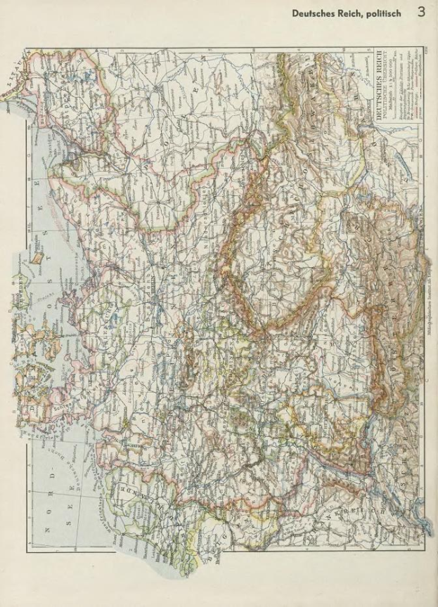 Eine Karte von Deutschland aus dem 19. Jahrhundert, die die politischen Teilungen zeigt, gedruckt auf altem Papier mit Text oben und unten.