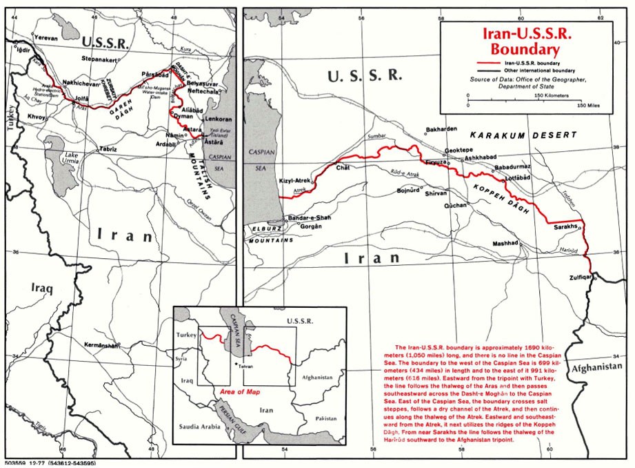 Detailierte Plakatkarte der iranisch-sowjetischen Grenze mit geografischen Merkmalen und Landesgrenzen, begleitet von erklärendem Text.