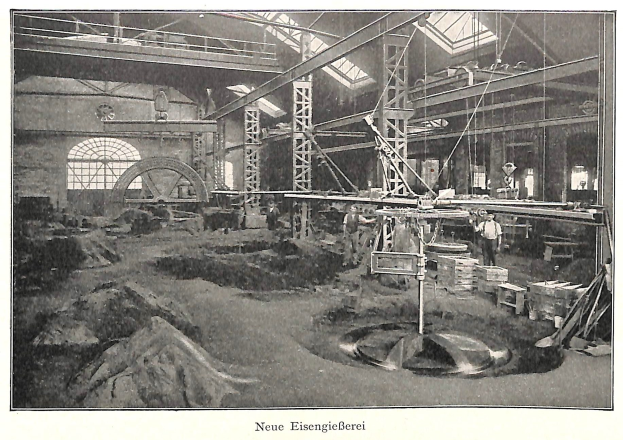 Schwarz-weiß-Foto einer deutschen Fabrik aus dem 19. Jahrhundert mit Arbeitern an Maschinen, Metallstangen und -rohren, beschriftet mit 'Neue Eisenglebeerei, die erste Fabrik in Deutschland' unten.
