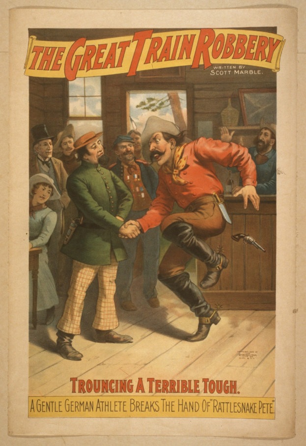 Plakat für "Der große Zugraub" zeigt eine Gruppe von Menschen, von denen einer eine Waffe hält, ein Fenster, eine Wand und Text oben und unten.