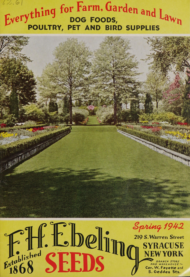 Ein Buch mit dem Titel "Alles für Hof, Garten und Rasen" mit einer GartenSzene auf dem Cover, das auf grünem Gras umgeben von Blumen, Bäumen und einem blauen Himmel liegt.