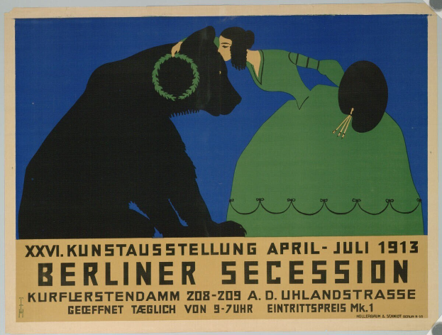 Plakat für die Berliner Secession 1913 mit einer Frau und einem Hund, mit Text zu den Veranstaltungsdetails.
