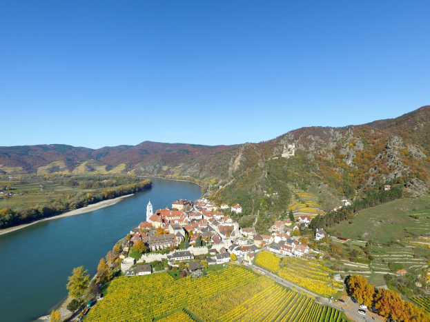 Kleiner Ort an den Ufern des Rheins, umgeben von grünen Hügeln und Weinbergen, mit sichtbaren Gebäuden, Bäumen und Fahrzeugen unter einem blauen Himmel.