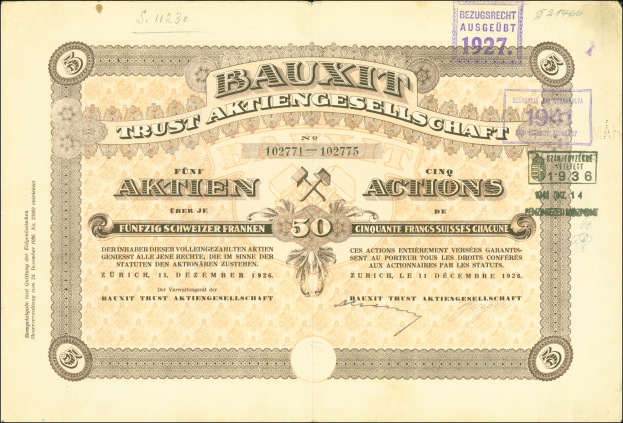 Alte deutsche Banknote mit schwarzem Hintergrund, Porträt eines Mannes, Text 'Bauxit Trust Aktiengesellschaft' und ein Stempel auf der rechten Seite.