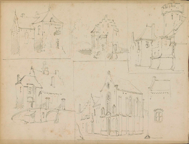 Ein aufgeschlagenes Buch mit einer detaillierten Skizze einer Stadtlandschaft mit Gebäuden und einem Schloss, das feine architektonische Details wie Fenster und Türme zeigt.