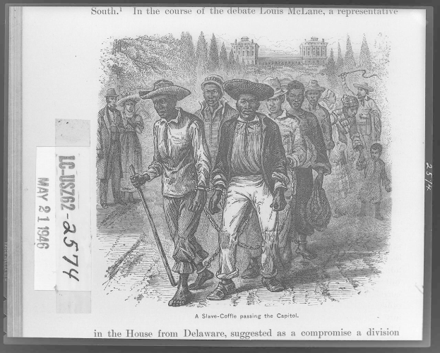 Schwarze und weiße Zeichnung einer Gruppe von Menschen, die eine Straße entlanggehen, einige tragen Hüte und halten Stöcke, mit Bäumen und einem Gebäude im Hintergrund und Text unten, der "Südlich im Verlauf der Debatte schlug Louis McLane, ein Abgeordneter im Repräsentantenhaus aus Delaware, als Kompromiss eine Teilung vor."