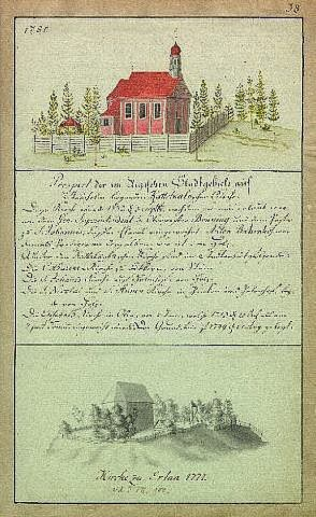 Altes Buch mit dem Titel 'Deutsche Schule in den Niederlanden, 1777' zeigt eine rote Hausillustration umgeben von Bäumen und einem Zaun.