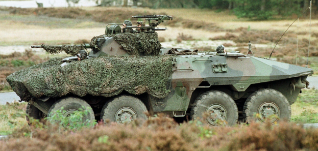 Militärpersonen-Transportfahrzeug mit montierter großer Kanone, das auf einer Straße neben einem Wald fährt.