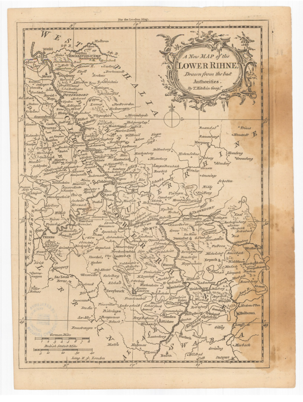 Detailierte alte Landkarte der Niederrhein-Region mit klassischer Schriftart, die Flüsse, Berge und Städte zeigt.