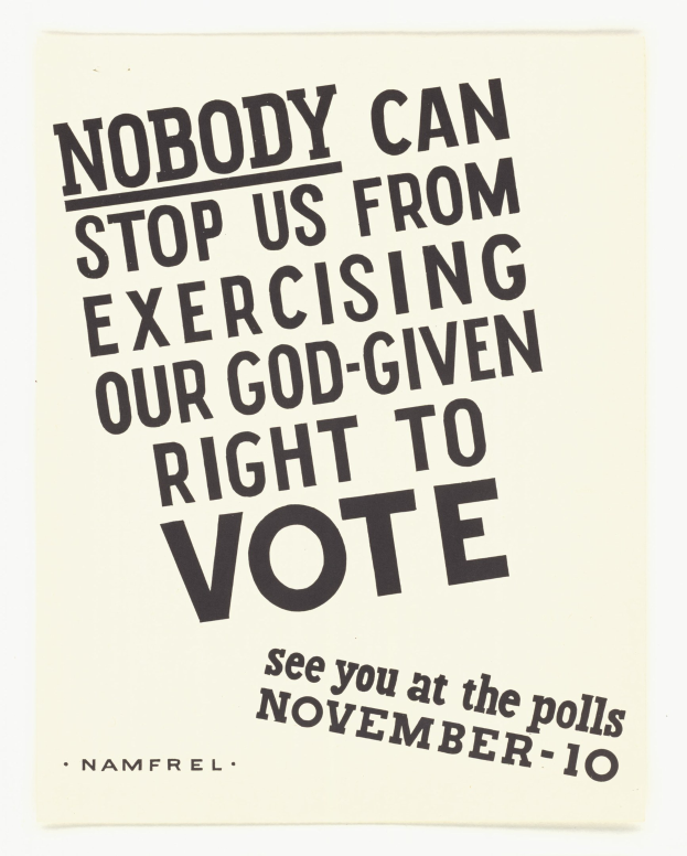 Plakat mit fettem schwarzem Text auf einem weißen Hintergrund, der von einem schmalen schwarzen Rand eingerahmt wird und "Niemand kann uns daran hindern, unser von Gott gegebenes Recht auf Wahl auszuüben."