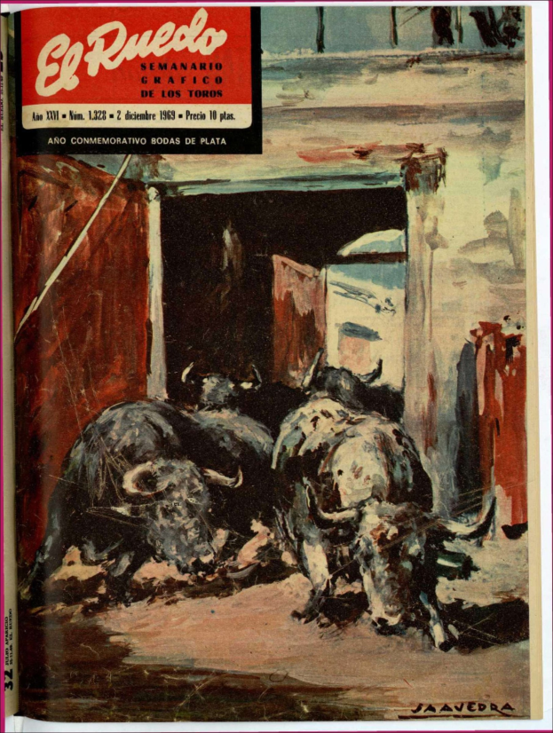 Buchumschlag mit einem Gemälde eines Stiers in einem Stall, mit einigen Tieren im Vordergrund, einer Wand und einer Tür im Hintergrund und Text öber dem Bild.