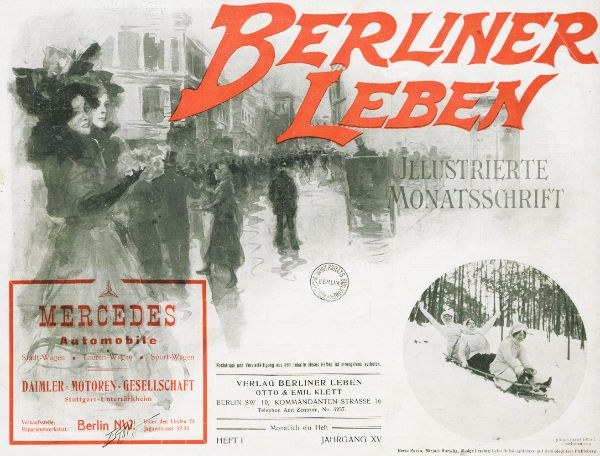 Anzeige für ein Mercedes-Benz-Fahrzeug in Berlin, Deutschland, mit Menschen, Bäumen, Gebäuden, Text und einem Stempel.