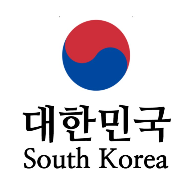 Südkorea-Logo mit einem blauen und roten Kreis und 'Südkorea' in weißer Schrift in der Mitte.