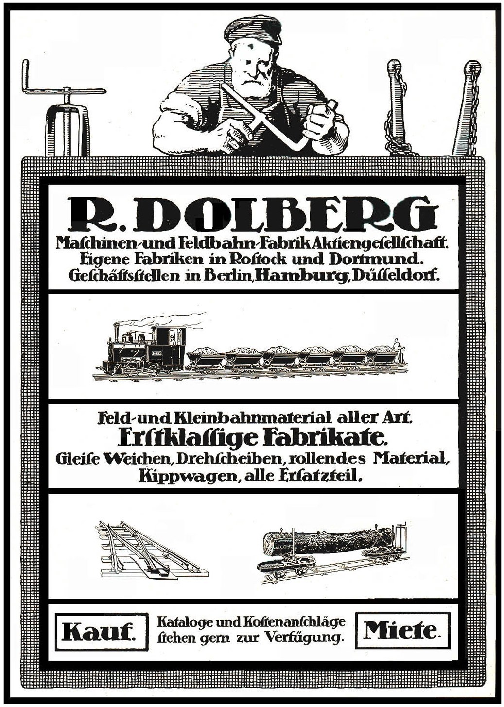 Anzeigetafel für die Fabrik von R.D. Dolberg in Hamburg, Deutschland, mit Text, einer Person, einem Zug und anderen Objekten.