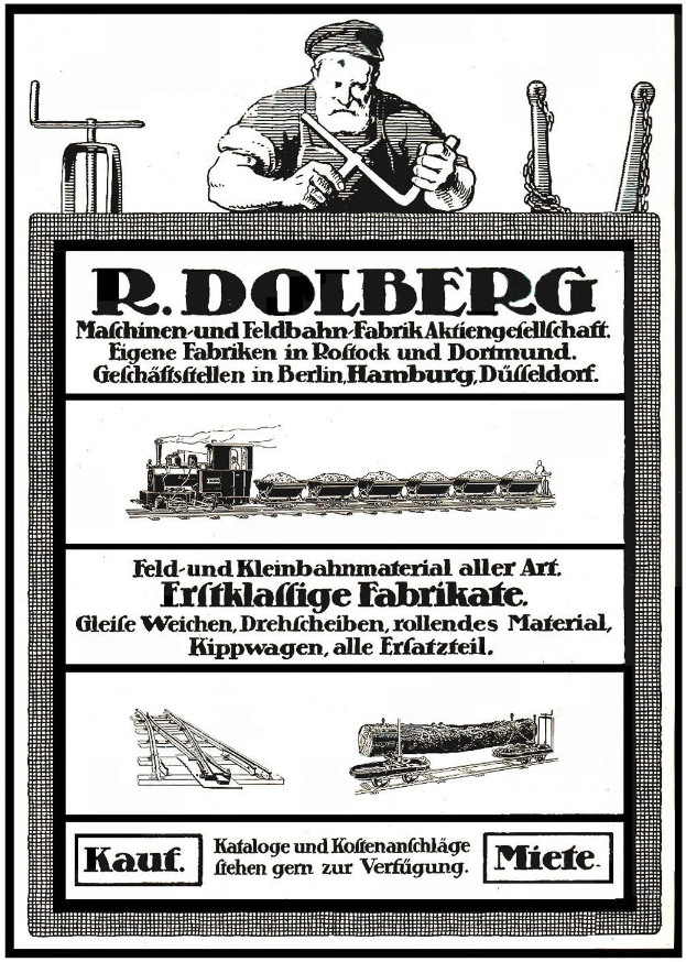 Anzeigetafel für die Fabrik von R.D. Dolberg in Hamburg, Deutschland, mit Text, einer Person, einem Zug und anderen Objekten.