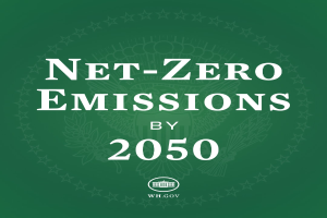 Weißer fetter Text auf einem grünen Hintergrund liest "netto-null-Emissionen bis 2050."
