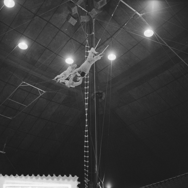 Schwarzes und weißes Foto von zwei Akrobaten, die an einem Trapez in einem Zirkus auftreten, mit Zuschauern und Deckenbeleuchtung.