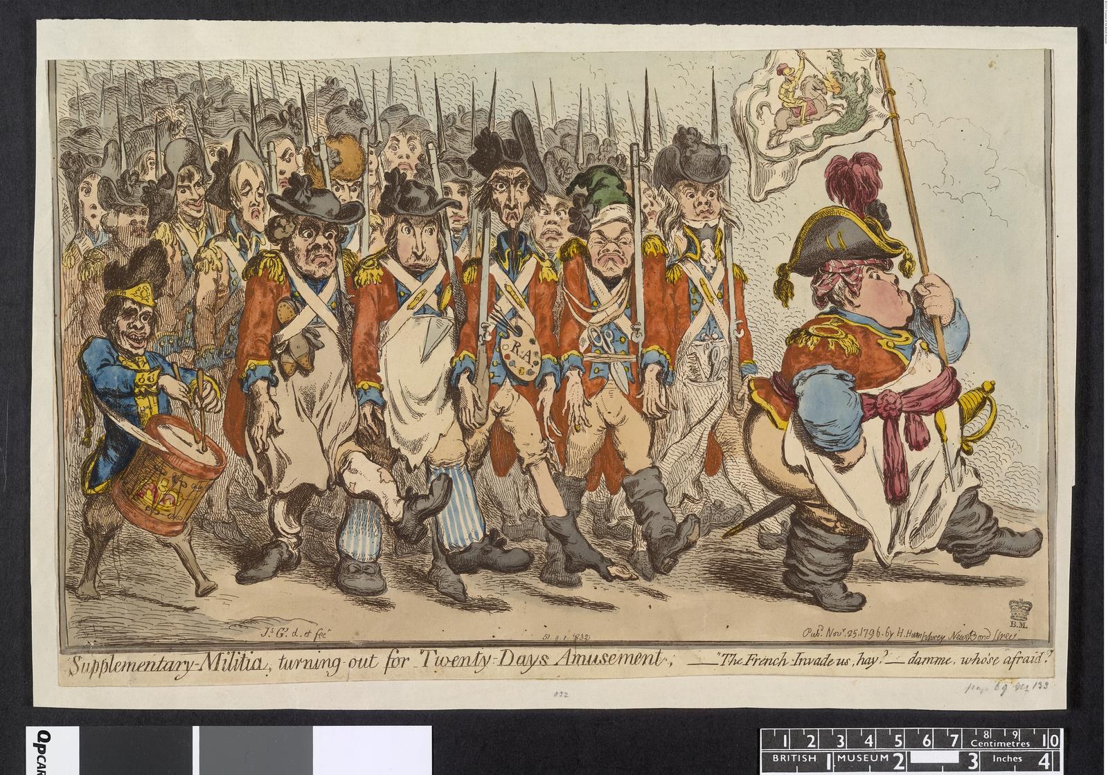 Gruppe von Männern in Militäruniformen, die eine Straße entlang marschieren, einer hält einen Stock, mit Text unten: "Zusätzliche Miliz, für zwanzig Tage Vergnügen herausgekommen."