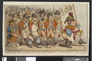 Gruppe von Männern in Militäruniformen, die eine Straße entlang marschieren, einer hält einen Stock, mit Text unten: "Zusätzliche Miliz, für zwanzig Tage Vergnügen herausgekommen."