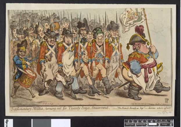 Gruppe von Männern in Militäruniformen, die eine Straße entlang marschieren, einer hält einen Stock, mit Text unten: "Zusätzliche Miliz, für zwanzig Tage Vergnügen herausgekommen."